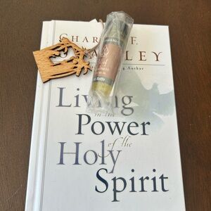 Charles Stanley book with frankincense and myrrh oil.
